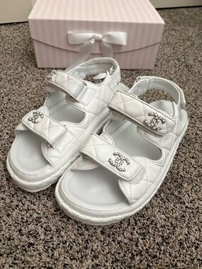 CHANEL White Quilted Logo Strap Sandals